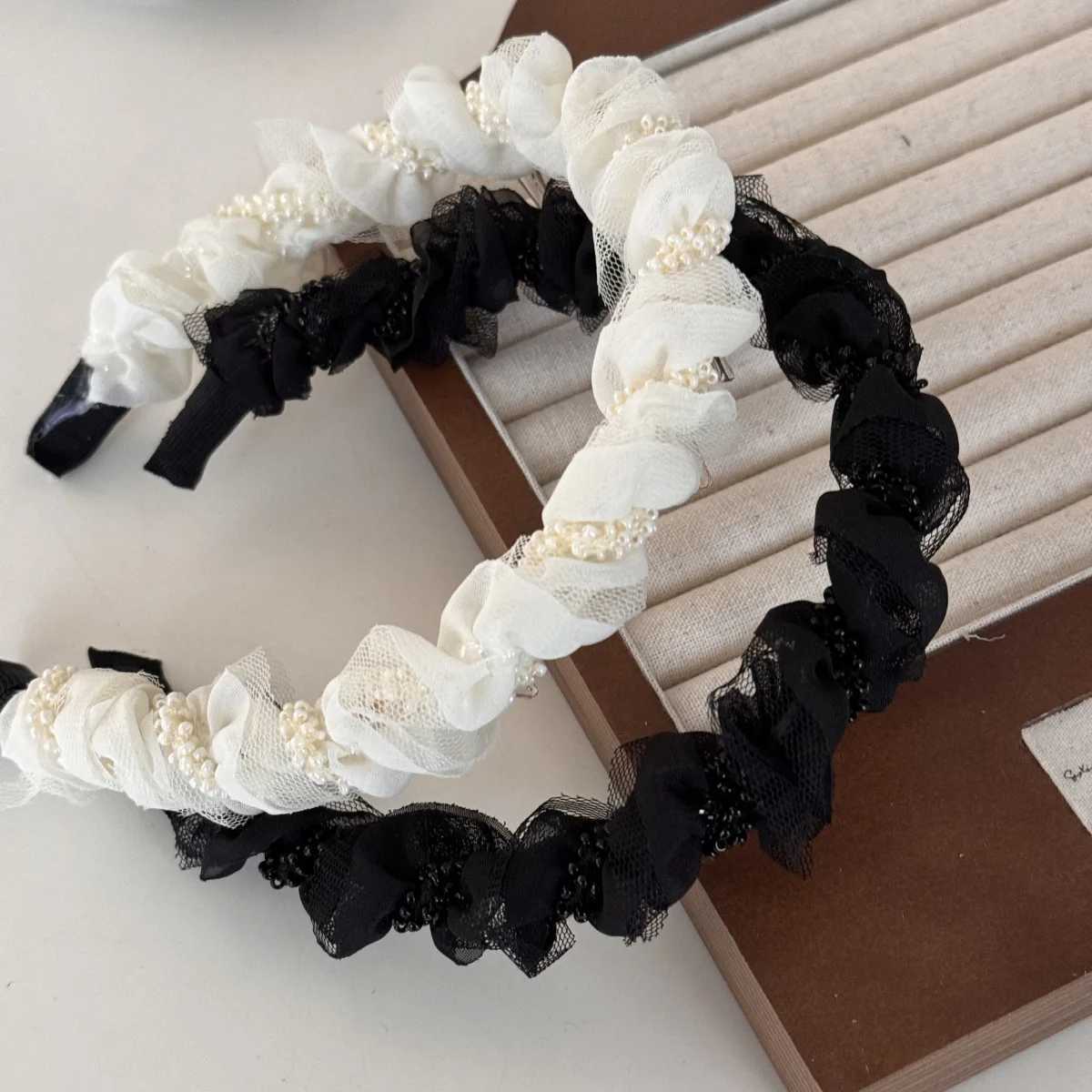Mesh Beaded Band Classic Black And White Band Elegant Fem All-Match Hair Accessories X250812