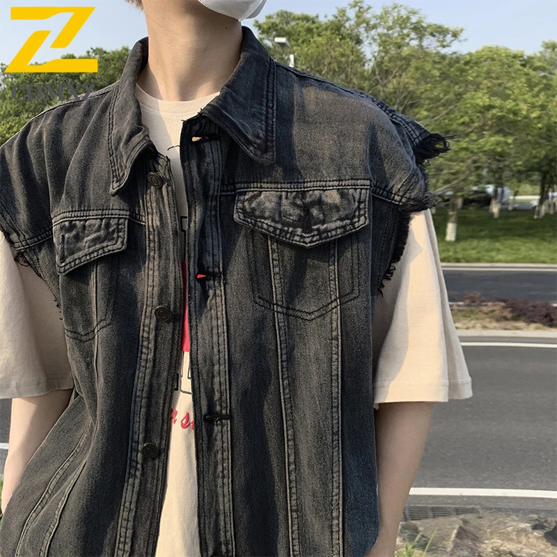 Denim Gilet Male 2025 Autumn Smoke Gray Oversized Workwear Waistcoat Retro Sleeveless Casual Street Fashion Vests 250805