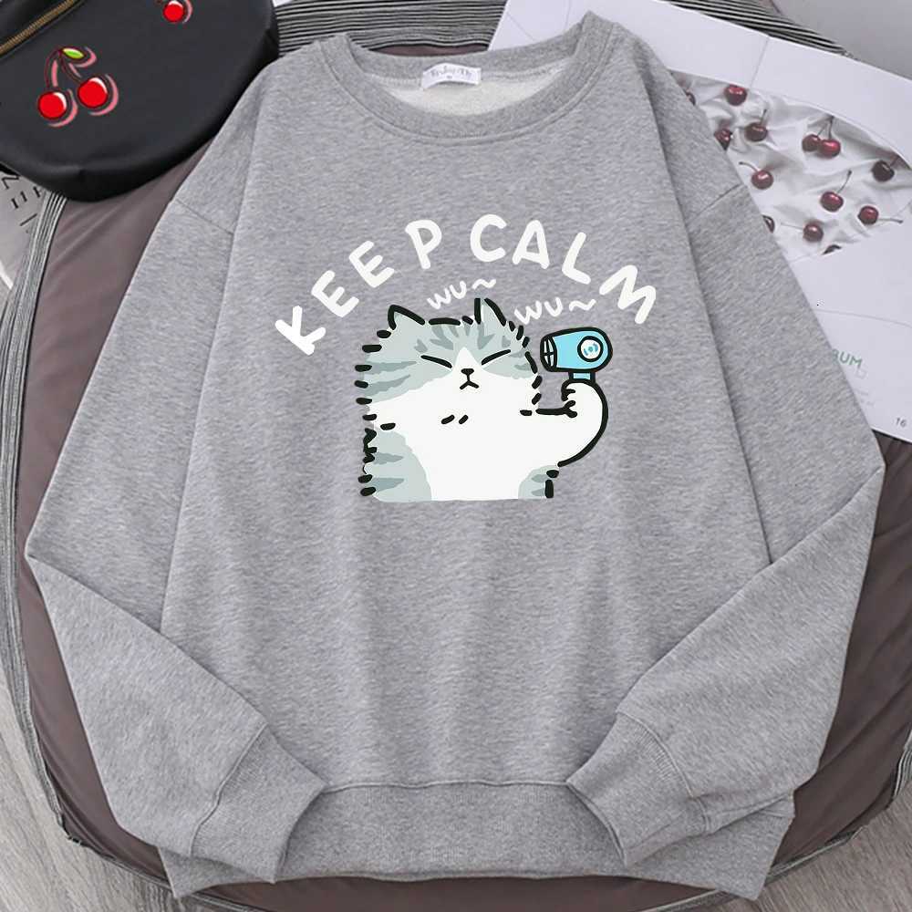 Fun Cat Using Hair Dryer Cute Print Hoodies Men Women Funny Print Japan Fashion Hip Hop Sweatshirt Autumn Fleece Pullover Hoody Y250811