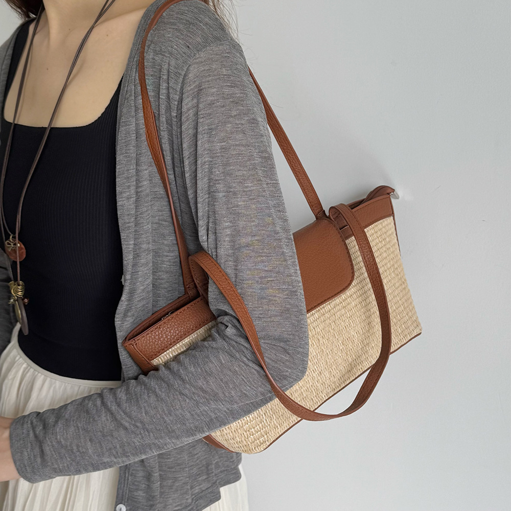 French Niche Casual Color Block Straw Basket for Women Handheld and Shoulder Tote Bag Bucket Woven ddmymarket