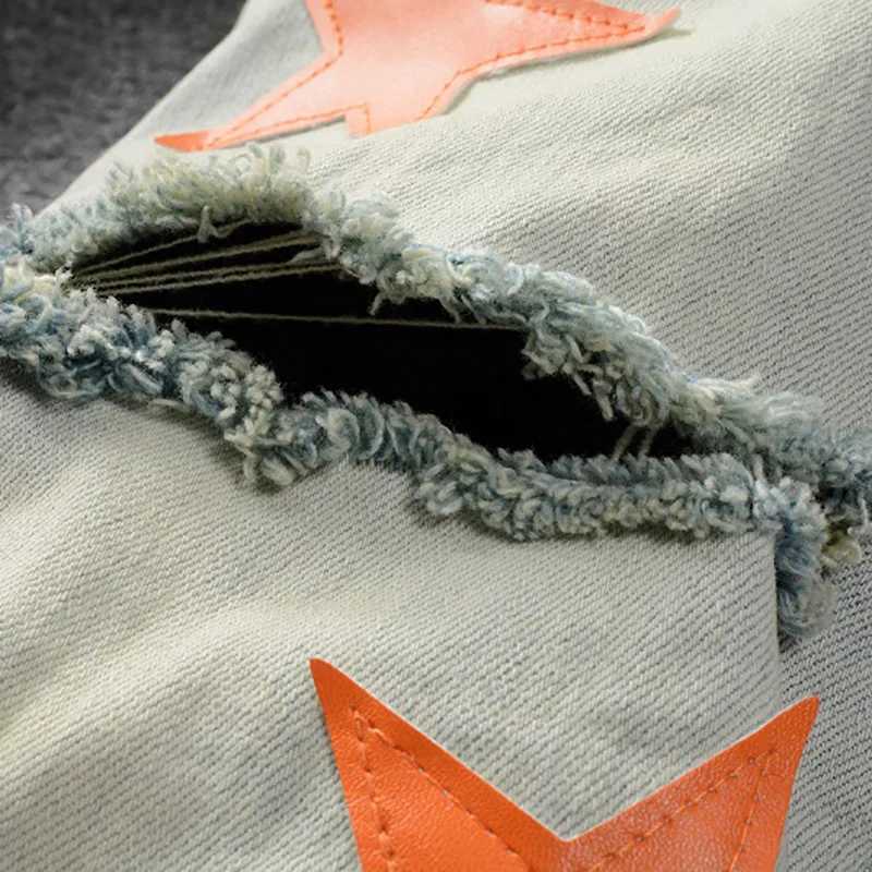 Men Leather Stars Patches Jeans Streetwear Slim Skinny Stretch Denim Pencil Pants Holes Ripped Patchwork Tapered Trousers X250812