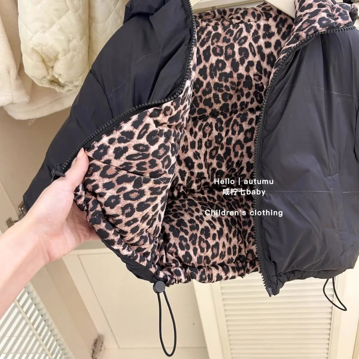 2025 Reversible Leopard Print Puffer Jacket for Kids Unisex Hooded Winter Coat Thickened Warm Outerwear 250811