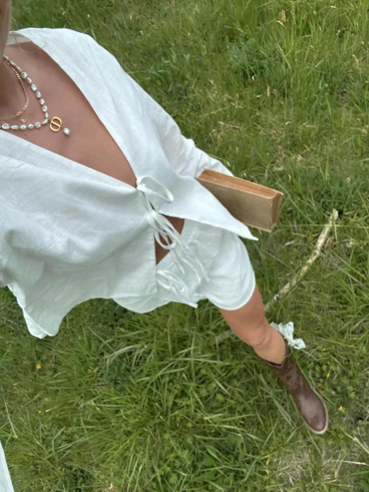 Cotton Linen Lace Up Bow Shirts Women Loose Hollow Out V Neck Long Sleeve Tops Female 2025 Autumn Lady Streetwear Top 250811