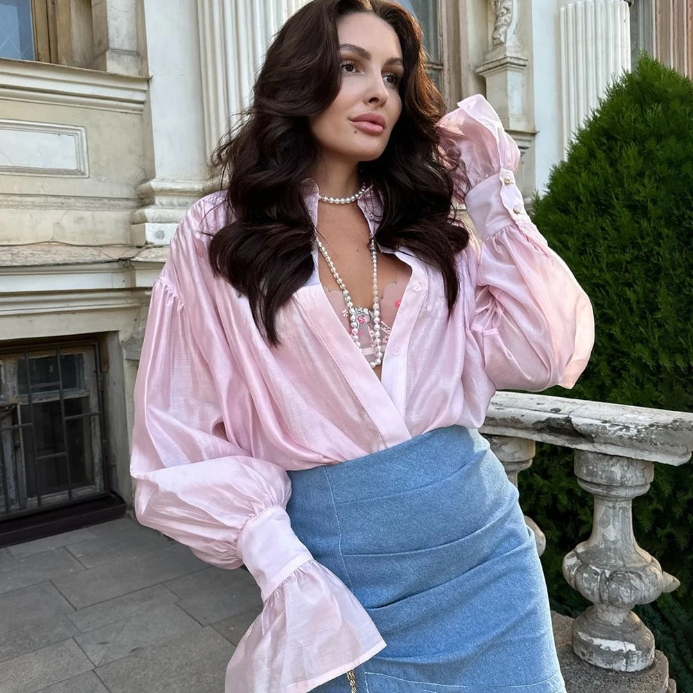 Talenza Womens Shirt Fashion Loose Lapel Solid Color Long Sleeve See-through Shirt Elegant Single Breasted Patchwork Shirt Top 250811