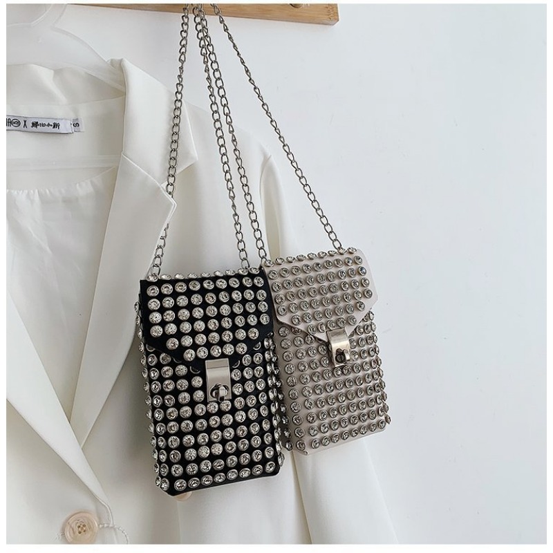 Retro Mini Cellphone Holder with Diamonds - Customizable Shoulder Purse for Smartphone Storage