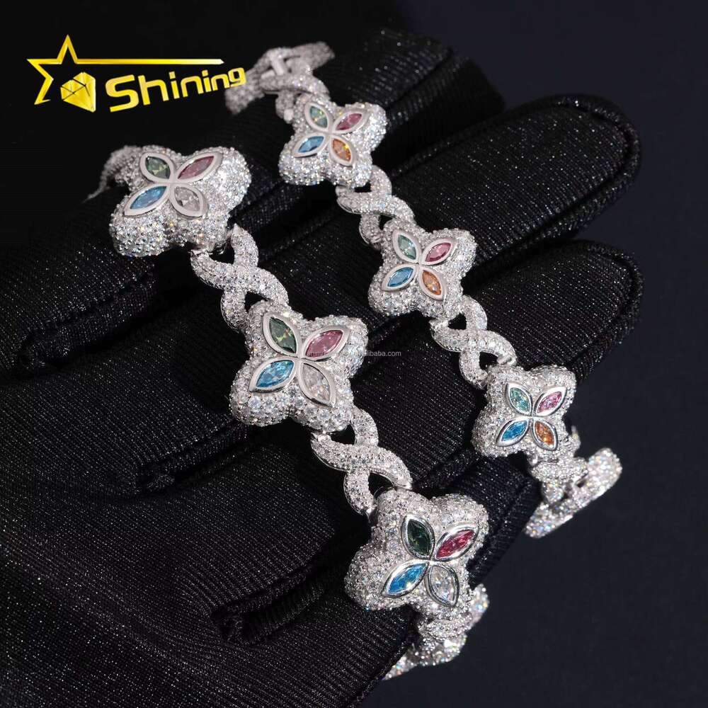 Unique Design Jewelry Hot Selling Hip Hop Mulit Color Marquise Moissanite Iced Out S Sier Cuban Clover Bracelet Men