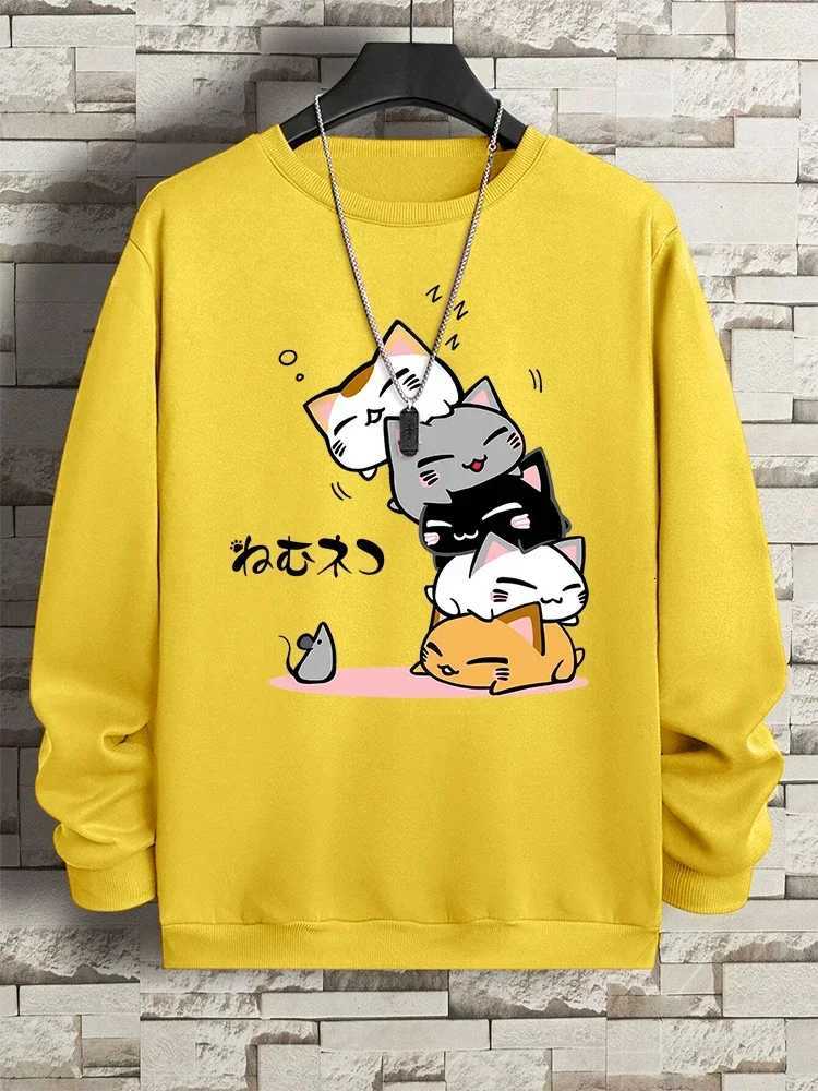 Cute Stacked Cats Sleep Clothing Man Hoody Hip Hop O-Neck Sweatshirts Vintage Casual Loose Hoodies Autumn New Loose Clothes Y250811