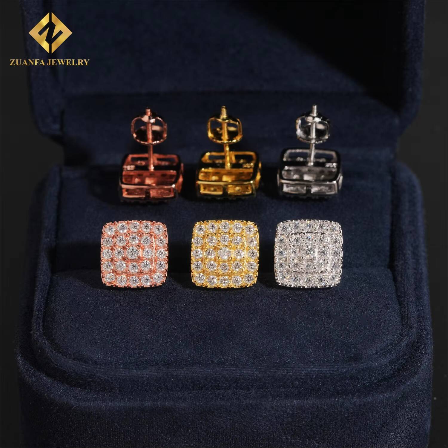 RTS Luxury 925 Silver 3Rows VVS Moissanite Square Hip Hop Jewelry Screw Back Earrings Iced Out Diamond Ear Studs Unisex