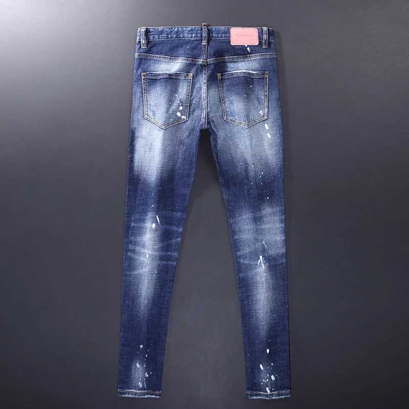 High Street Fashion Men Jeans Retro Blue Stretch Skinny Fit Painted Ripped Jeans Men Vintage Designer Brand Denim Pants Hombre X250812