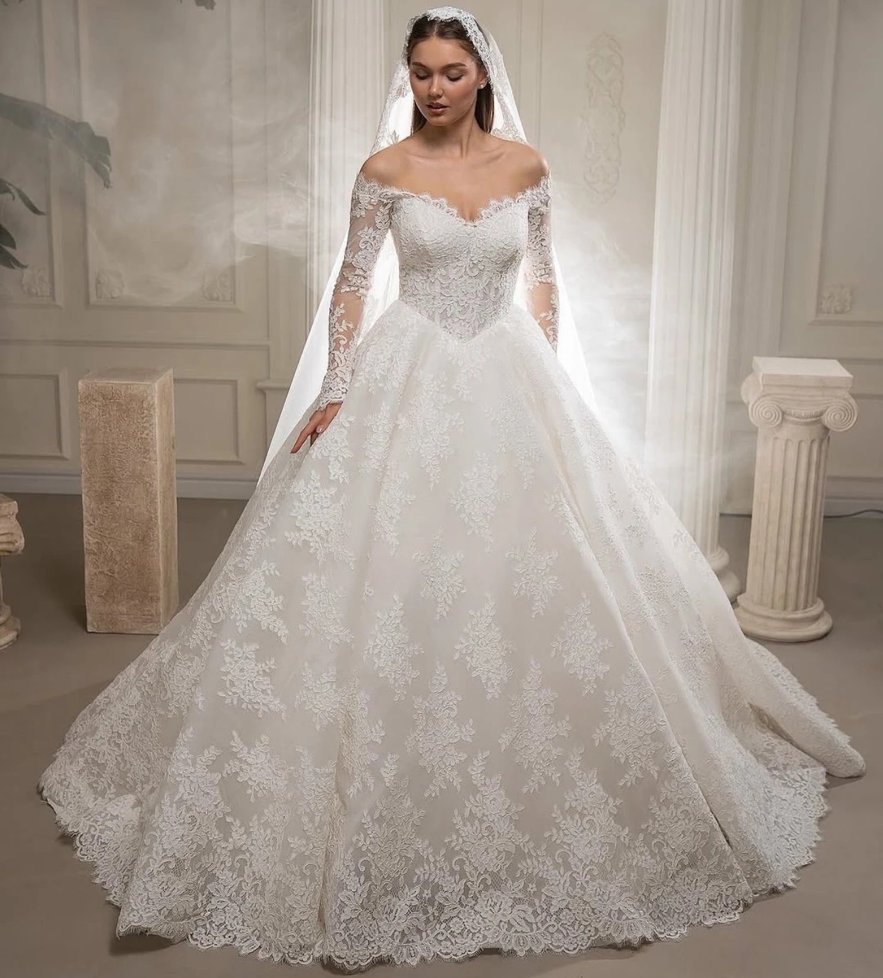2025 Exquisite Wedding Dress V-Neck A-Line Lace Appliques Pleated Long Sleeves A Line Bride Bridal Formal Grown Vestidos De Noiva