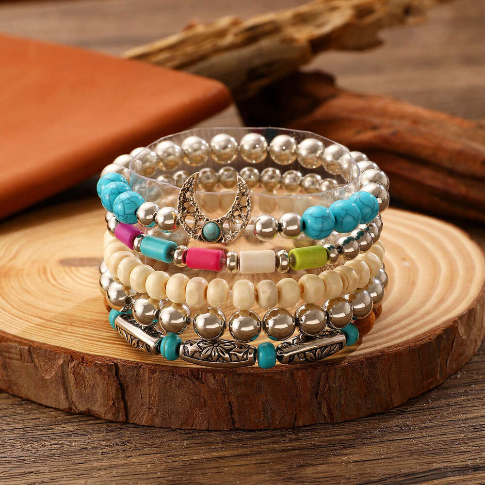 TEMU Bohemian Style Turquoise Wooden Bead Alloy Elastic Cord Men's Bracelet Women's Wristband