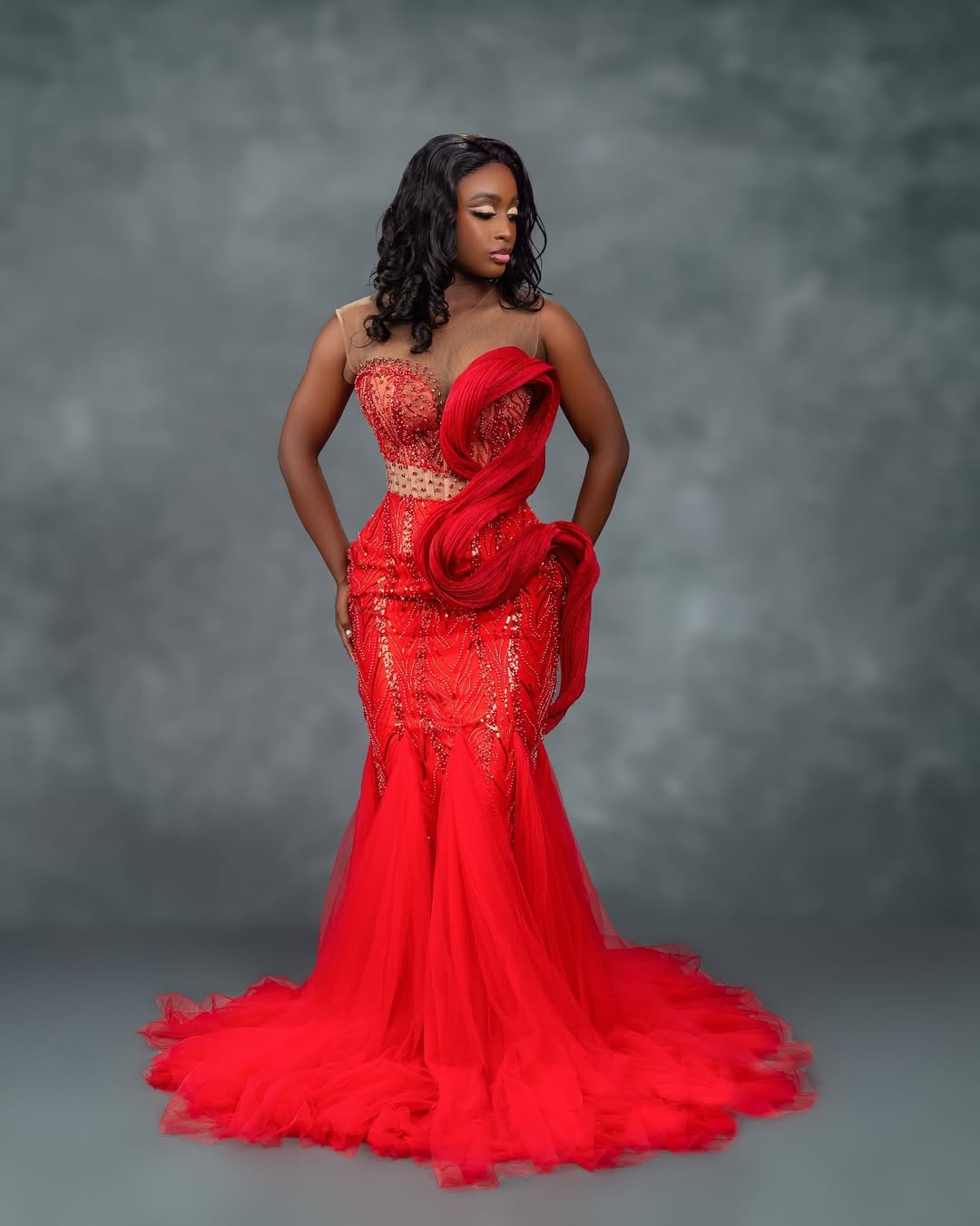Mermaid Red Aso Ebi Prom Dress 2025 Evening Dresses For Special Occasions Sheer Neck Beaded Lace Flora Birthday Dress Second Reception Gown AM2095
