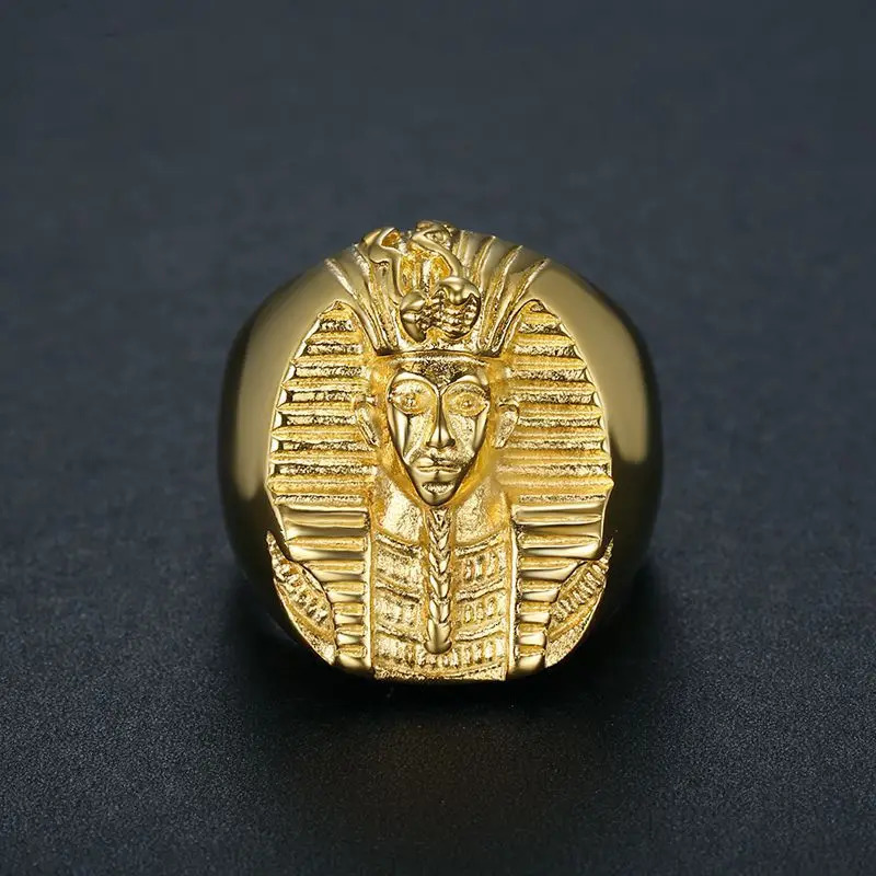 European and American Cross-Border Hip-Hop Hiphop Ring Steel Gold-Plated Egyptian Pharaoh Mens Ring 250812