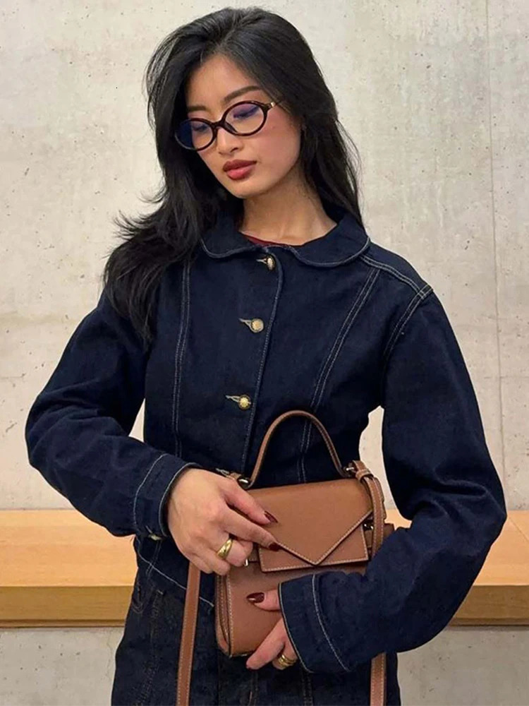 Fashion Denim Coat Pant Women Set Vintage Lapel Button Long Sleeve Jacket Wide Leg Pants Female Suit 2025 Spring Lady Outfit 250808