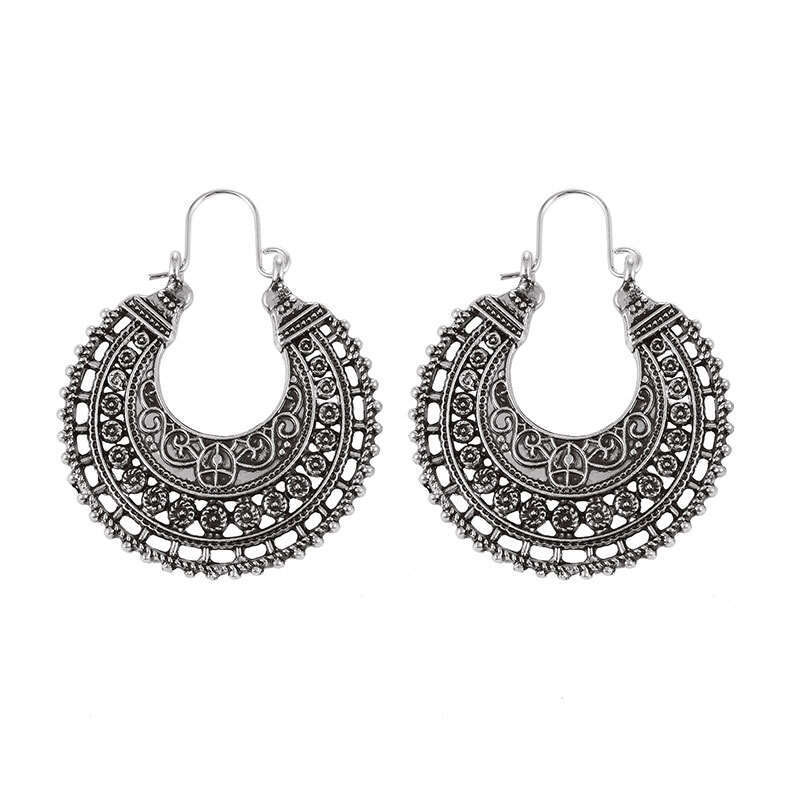 Bohemian Ethnic Style Hollow Carved Earrings Half Circle Trendy Alloy Pattern Ear Clips