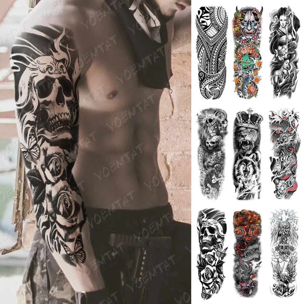 Large Full Arm Sleeve Waterproof Temporary Tattoo Sticker Skul Dragon Snake Lion Wolf Tiger Prajna Tatoo Body Art Men Women 250809