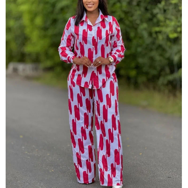 African Fashion Stripe Printed Two Piece Set Women Spring Autumn Casual Button Long Sleeved Shirt Wide Leg Pants Set 250811
