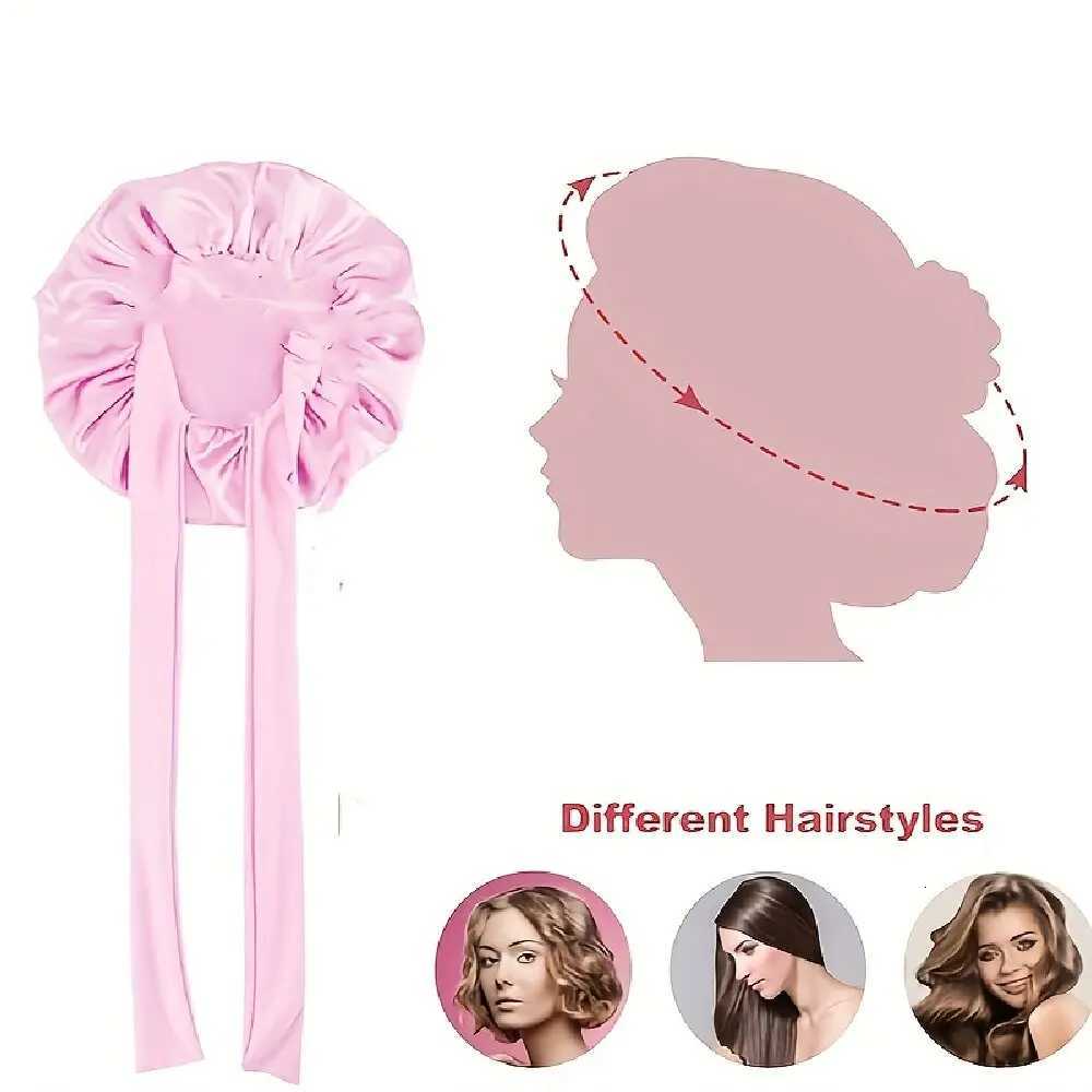 2PCS Satin Bonnets With Tie Band (Pink+Black) Sleeping Cap For Women Soft Hair Care Night Sleep Hats Multi-Use Hair Bonnets XJ250812