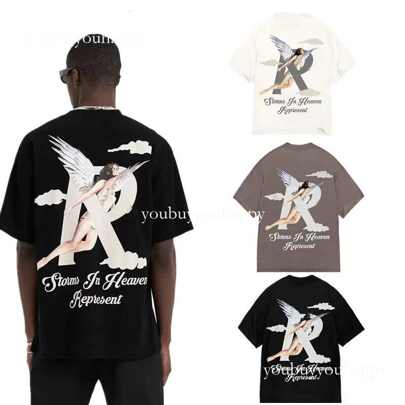 Representer T Shirt Trendy ICON R Letter Angel Print Casual Loose Short Sleeve T-Shirt For Men And Women B16