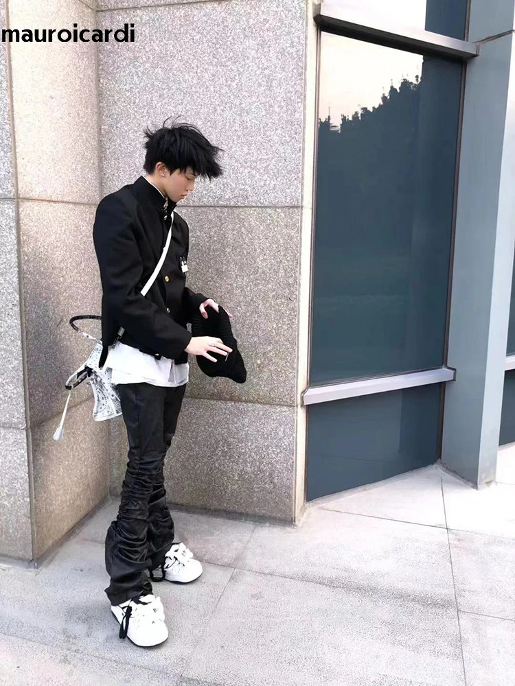 Mauroicardi Spring Autumn Long Fitted Skinny Matte Black Pu Leather Ruched Stacked Pants Men er Clothing Trousers 250812