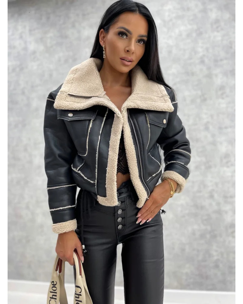 Faux Leather Jackets Women PU Short Thick Warm Black Outwear Female Retro Lapel Velvet Coat Year Winter Tops 250811