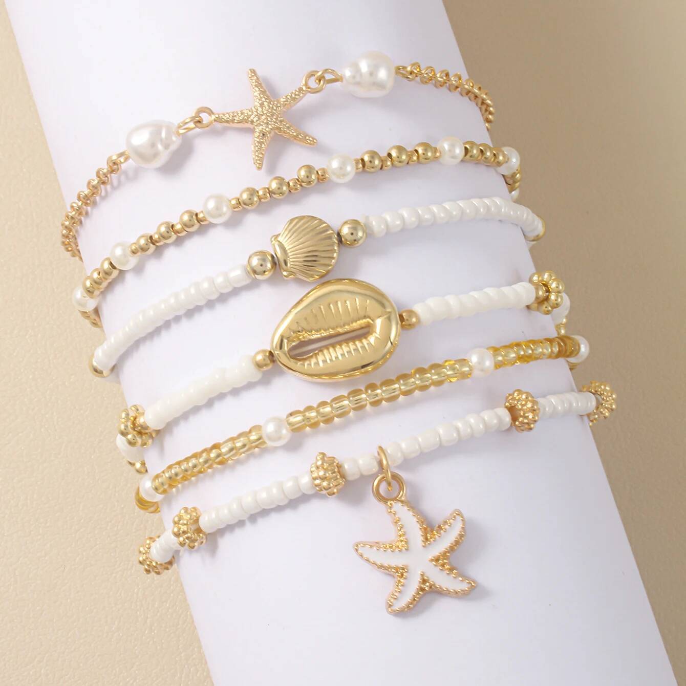 Vintage Seed Bead Stacked Bracelet Set Starfish Shell Embellishment Bracelets Elegant Women's Summer Beach Party Ideal Jewelry