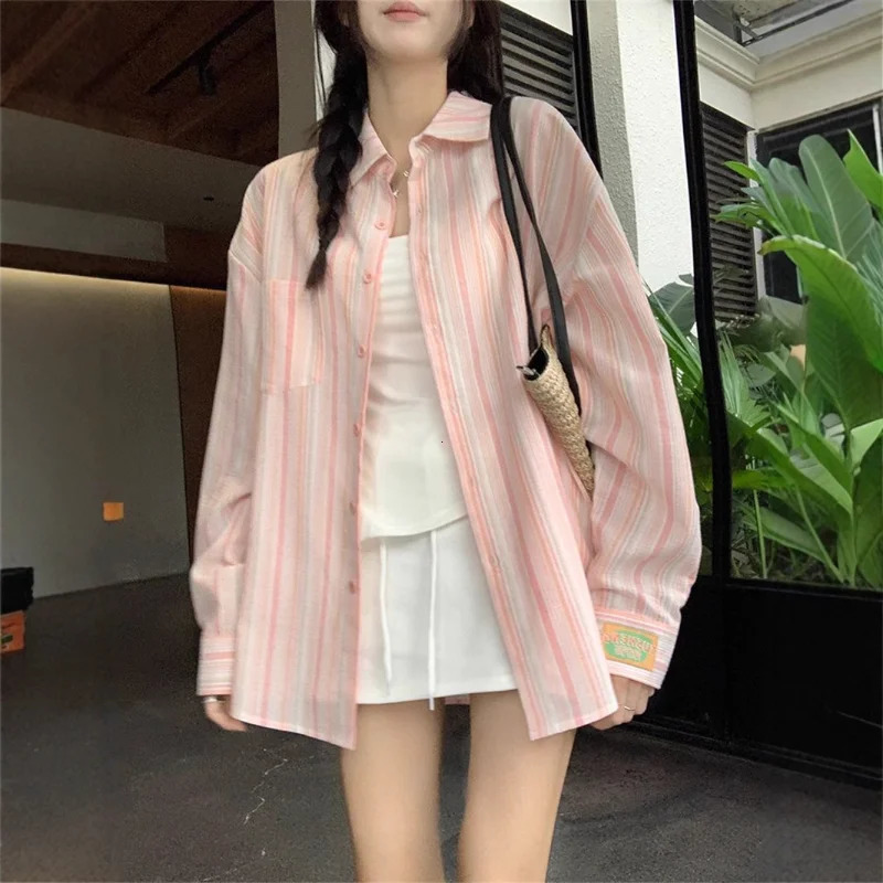 Pink Striped Shirt Women Korean Style Loose Long Sleeved Button Up Blouse Ladies Autumn Wild Streetwear Casual Shirts 2025 250811