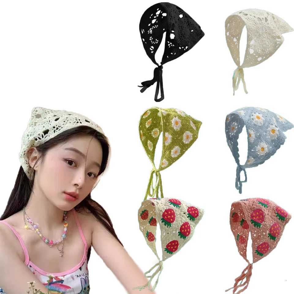 Korean Floral Lace Bandanas Headband Girls Breathable Hollow Out Hair Scarf For Women Handmade Knitted Headscarf Hat Accessories XJ250812