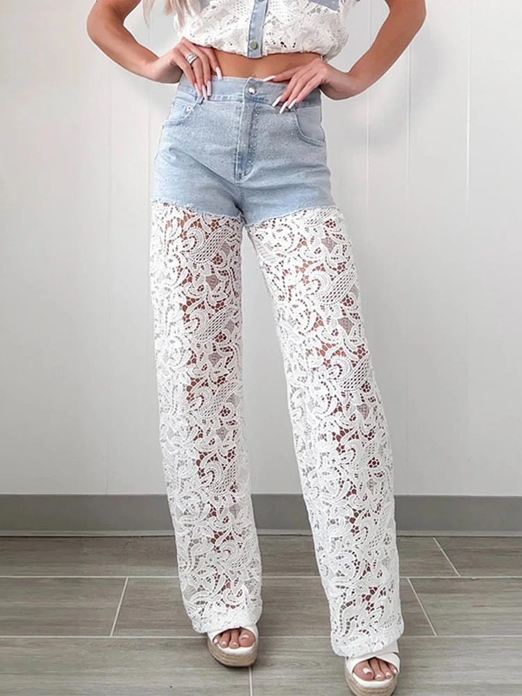Chic Lace Patchwork Denim Shirts Diamond Splicing Baggy Pants 2 Piece Sets High Street Fashion Y2k Elegant Summer Outfits 250806