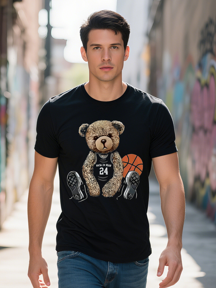 A Stylish Two Piece Outfit Men Featuring Cartoon Bear Print Consisting of a Short Sleeved Round Neck T Shirt And