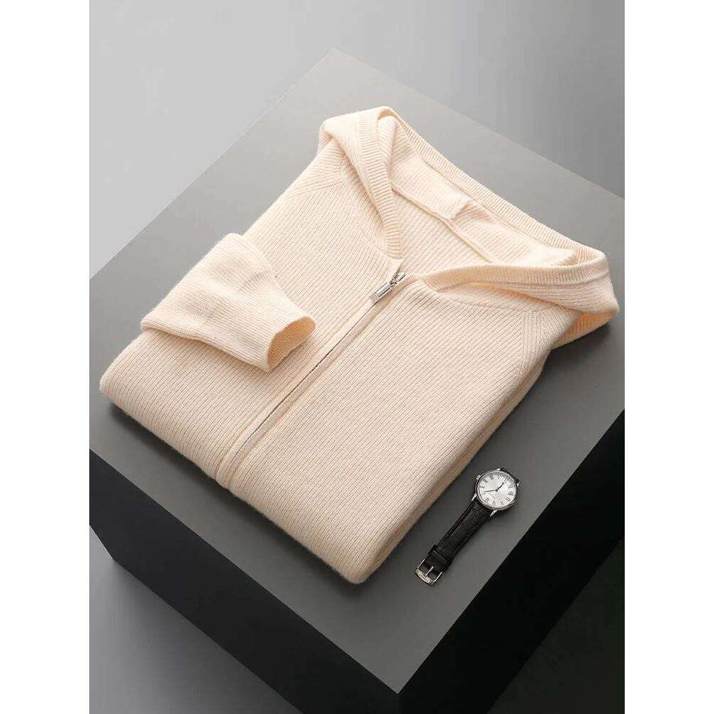 Thicken 100%Pure Wool Zipper Cardigan Men's Hooded Collar Knit Coat Casual Large Size Jacket Autumn Winter New Base Shirt 250812