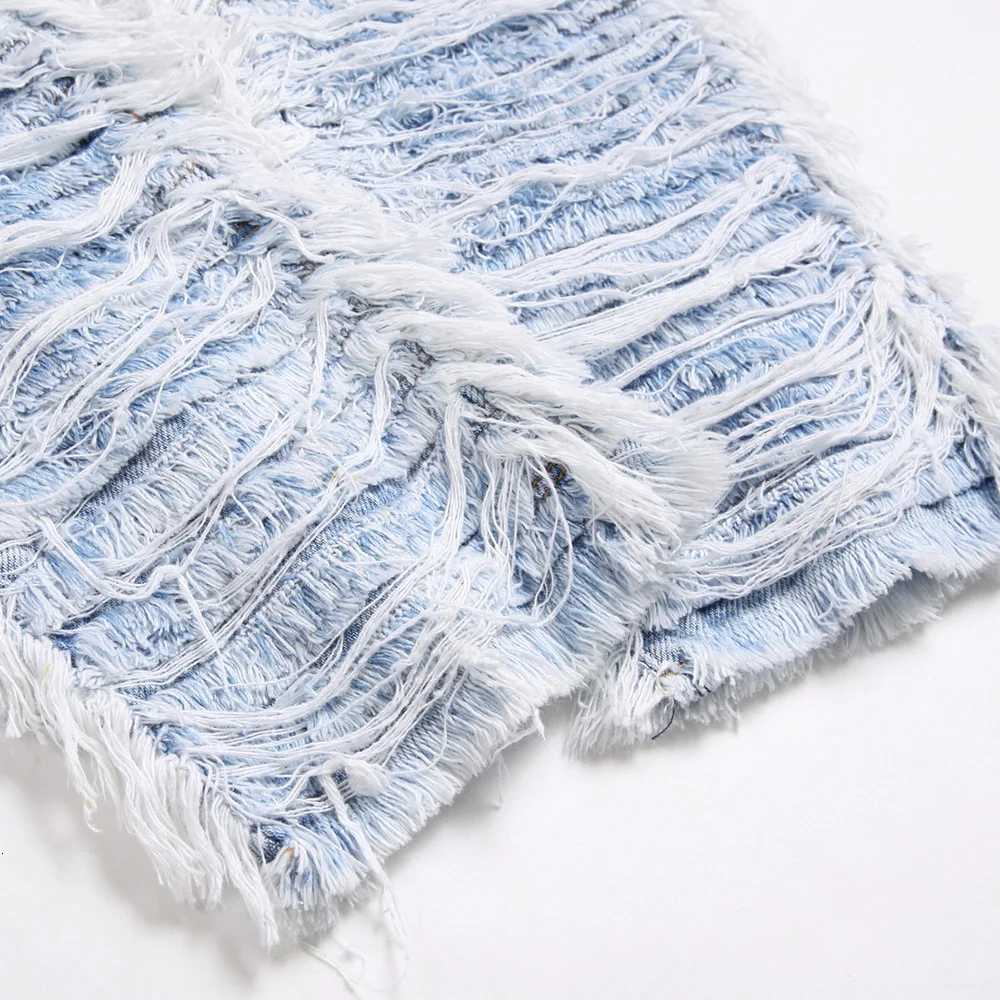 Mens Light Blue Fringe Denim Jeans Ripped Distressed Destroyed Streetwear Pants with Patches Patchwork Loose Fit Trousers X250812