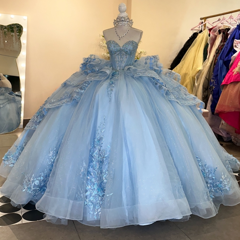 Sky Blue Shiny Quinceanera Dresses Off The Shoulder Applique Lace Beads Bow Tull Party Birthday Ball Gown Vestidos De 15 Anos Sweet 16 Dress