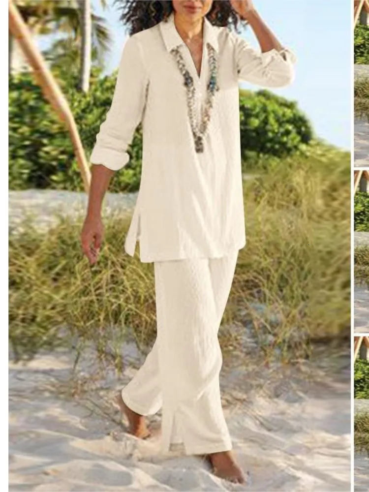Loose Casual Pant Sets For Women Autumn Long Sleeve Solid Color Cotton And Linen Two Piece Set Vintage Style Lady Suits 250811