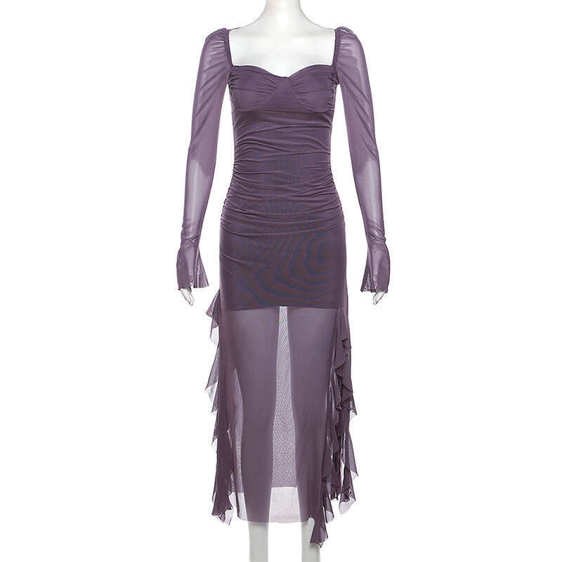 Women's Irregular Spring Ruffle Solid Color Mesh Sexy Slit Long Sleeve Dress