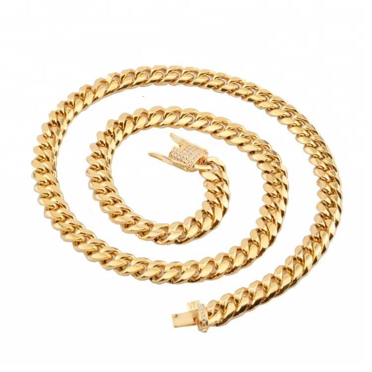 Hip Hop Stainless Steel Mens Jewelry Moissanite Clasp 18k Gold Plated Miami Cuban Link Chain Necklace