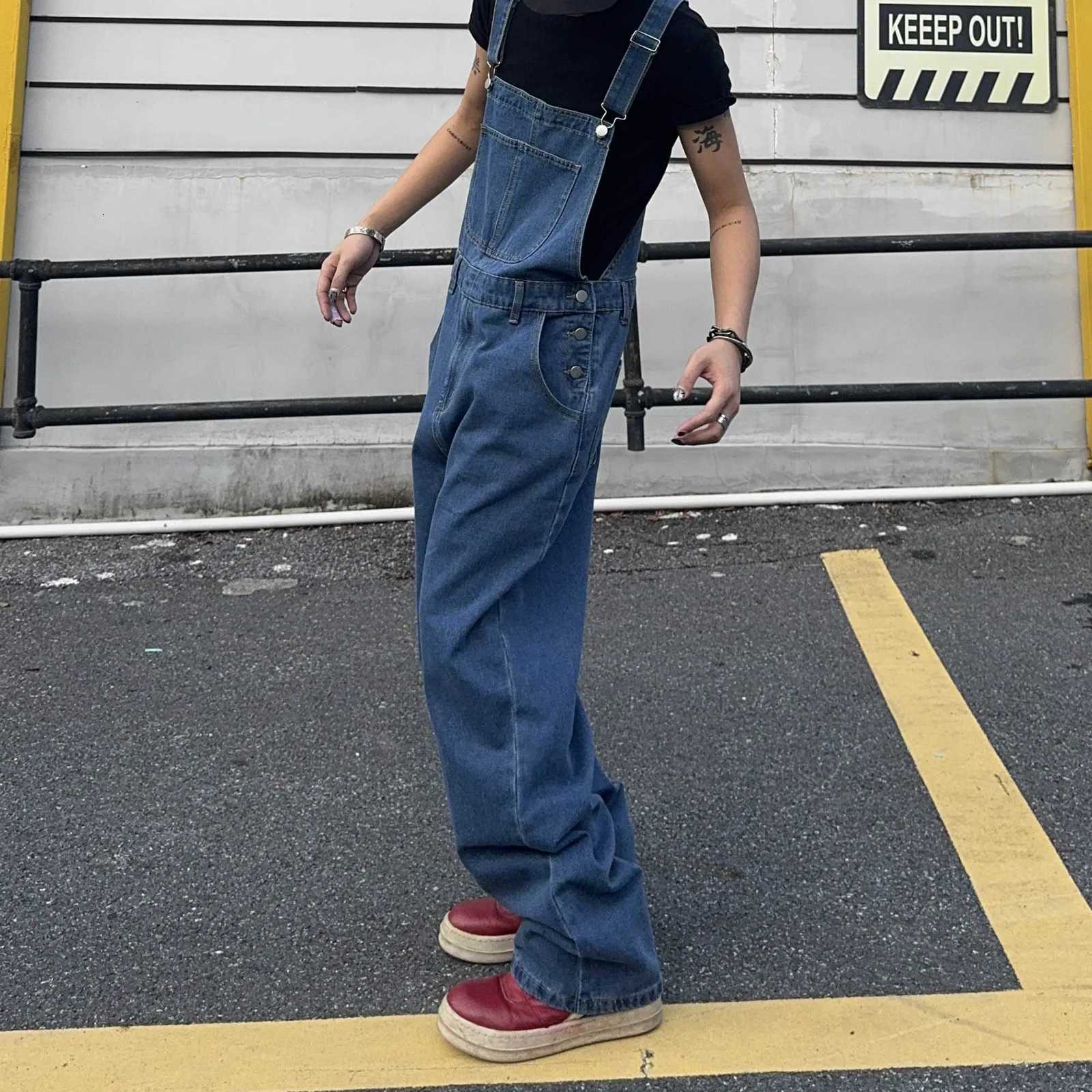 Overalls for Men Denim Suspenders Simple Baggy Jeans Mens Street Casual Solid Mid Waist Loose Washed Jumpsuits Length Tracksuit X250812