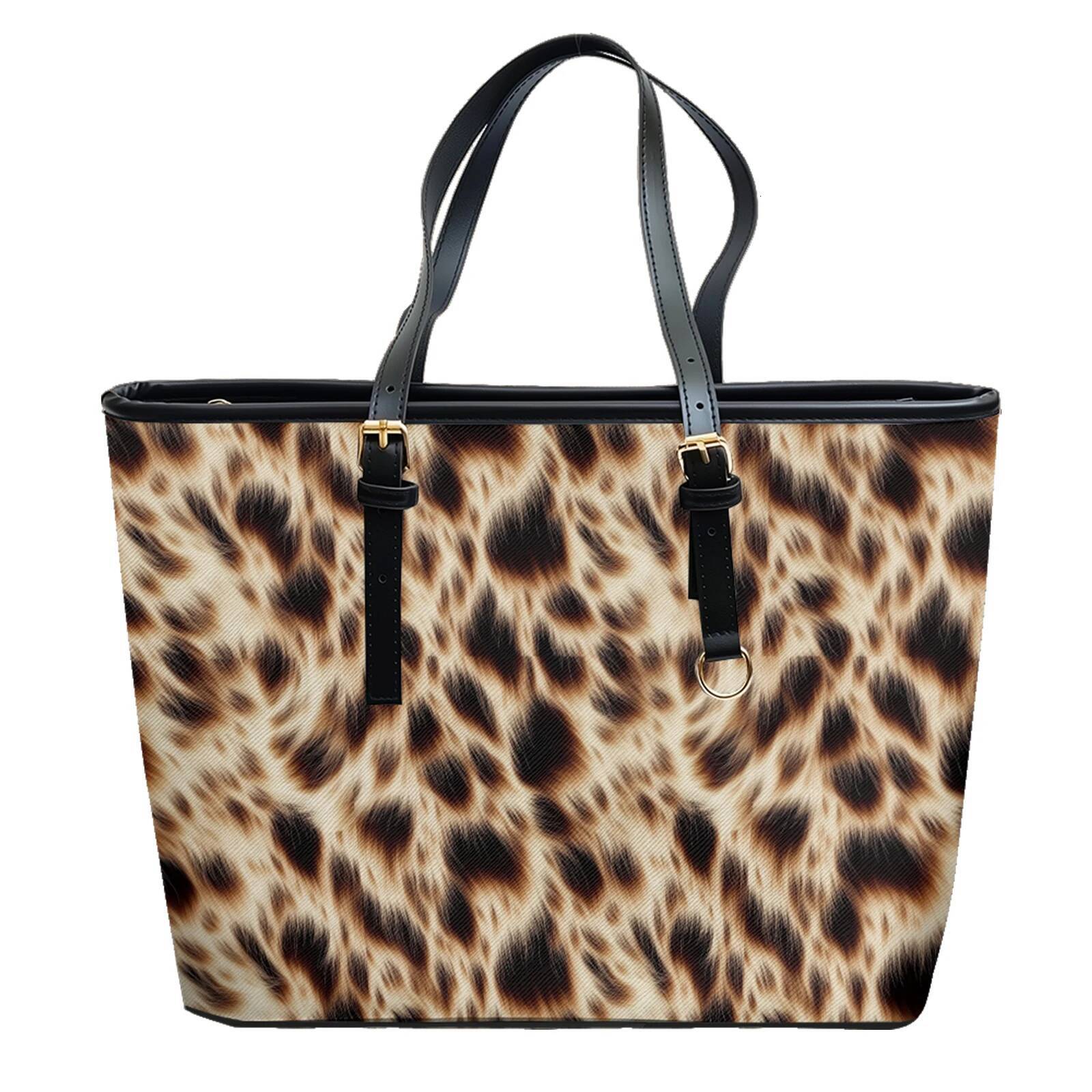 Gradient Fur Leopard Printed Oxford PVC Leather Shoulder Bag Zipper Lightweight Travel Tote Daily Convertible Work Weekend Purse