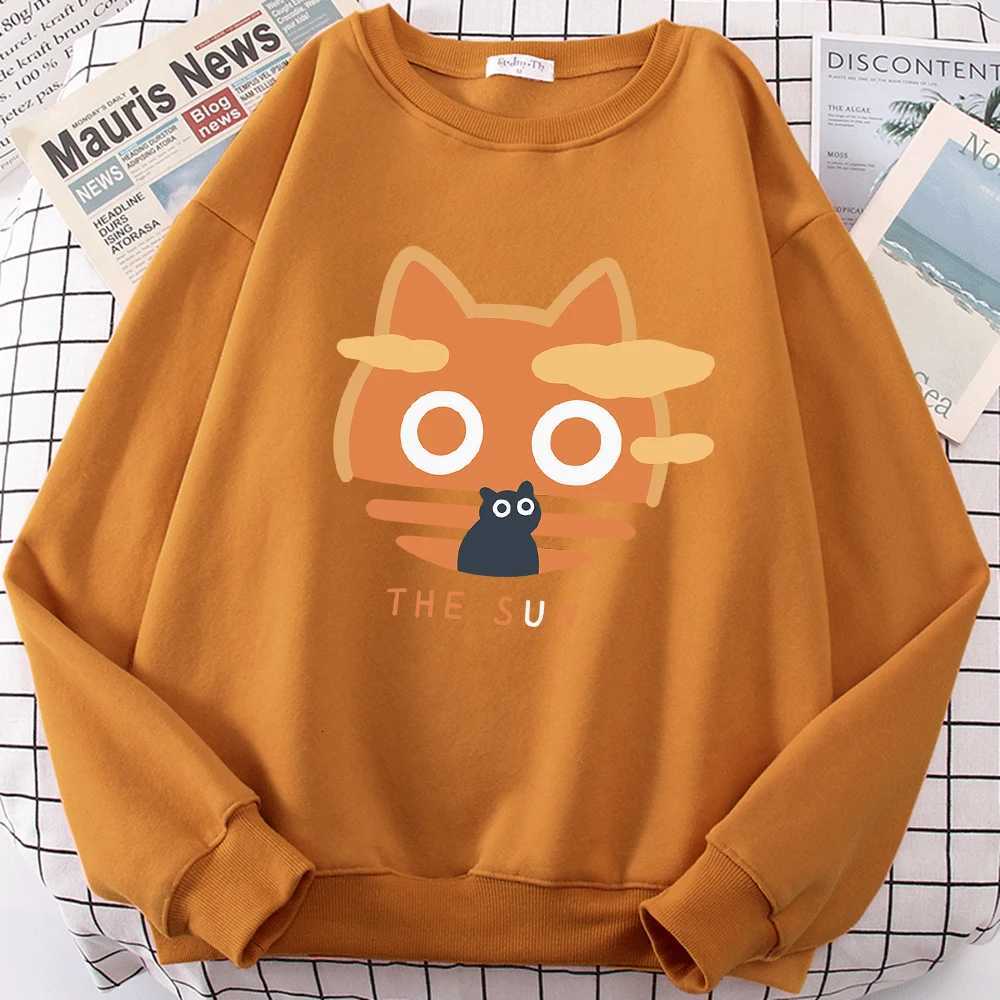 The Sun Orange Cat Fun Cute Print Cartoons Hoody Men Loose Clothing Autumn Winter Fleece Hoodies Loose Comfortable Sweatshirt Y250811