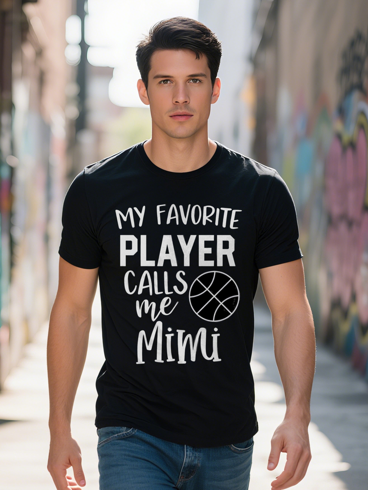 Men s Casual Crew Neck T-Shirt My Favorite Player Calls Me Mimi Basketball Graphic Tee Black with White Text