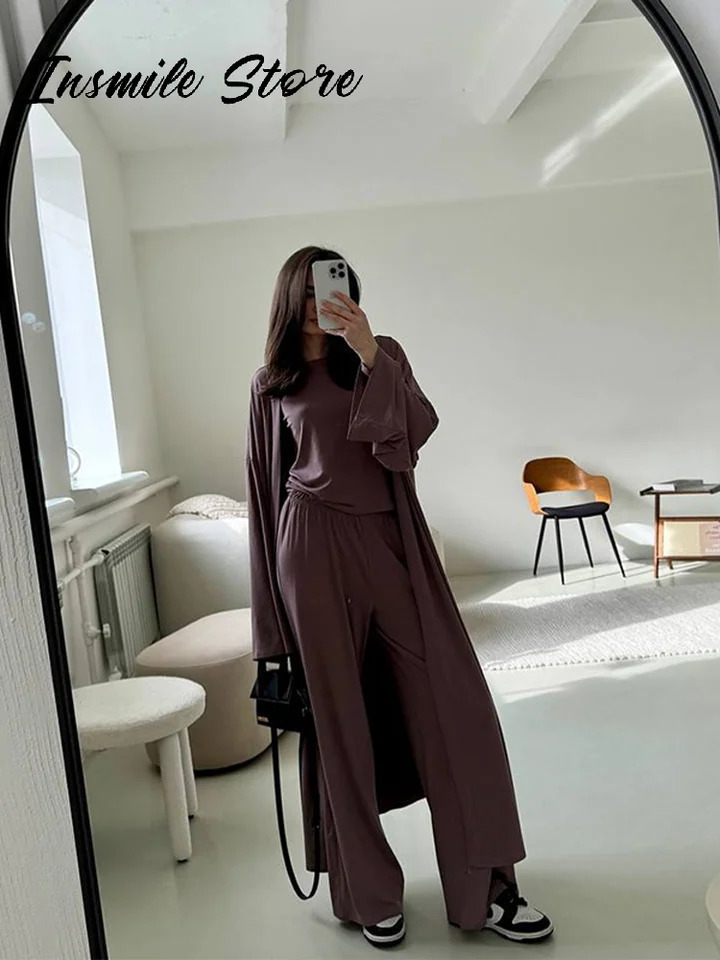 Casual Solid Women 3 Pieces Suits V-neck Long Coats O-neck Slim Top Wide Leg Trousers 2025 Spring Summer Fashion Female Sets 250811