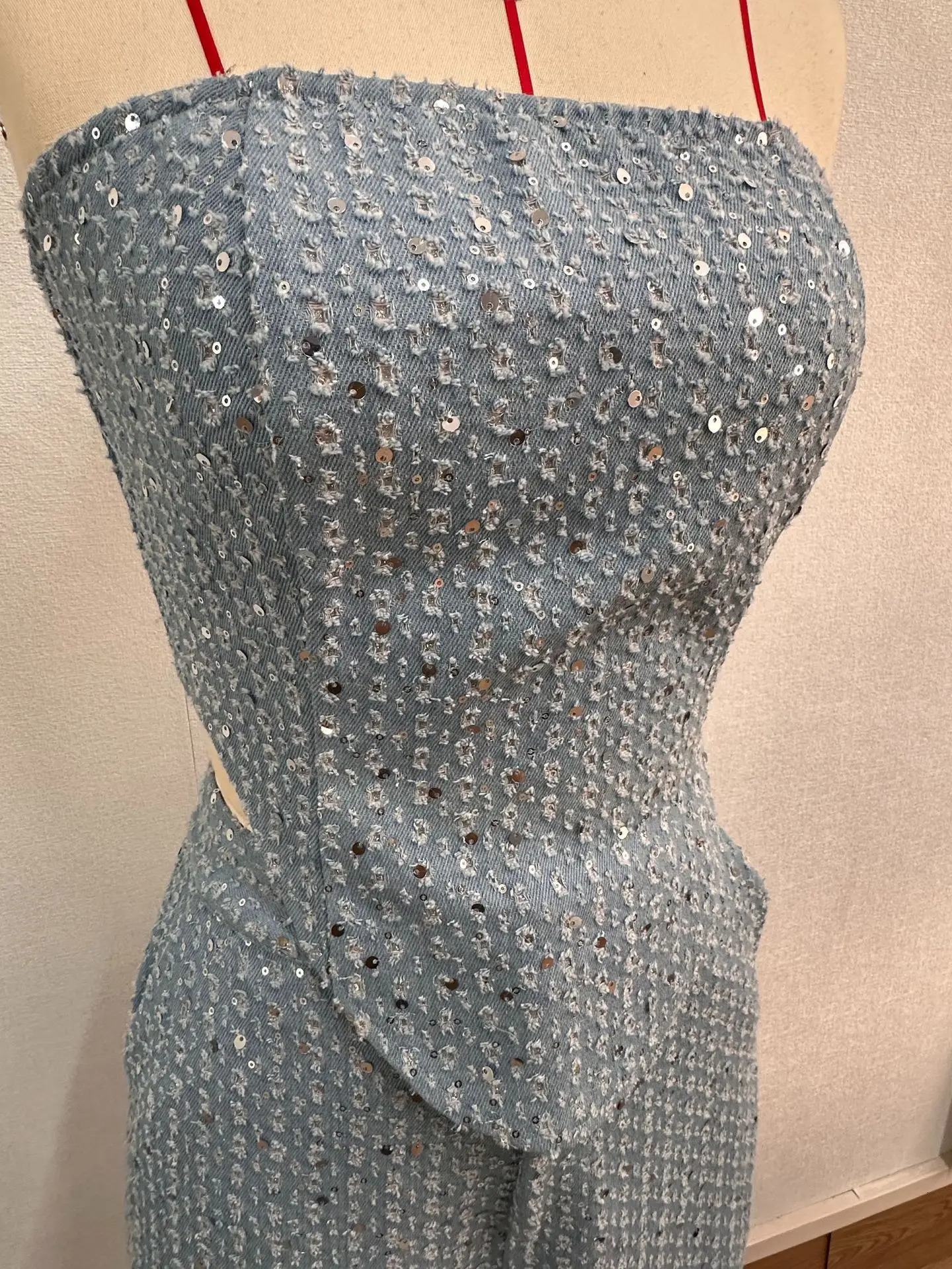 Fashion Sequins Denim Set Women Strapless Tunic Waist Crop Top and Wide Leg Pant Suit 2 Piece Sets Outfits Tracksuit 250811