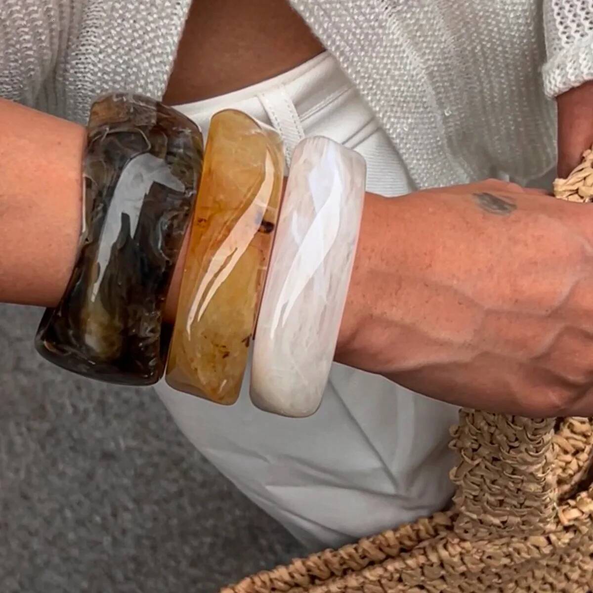 KMVEXO Vintage Chunky Coffee Thick Resin Acrylic Smudging Bangles Geometric Irregular Bangle Bracelets For Women Men Jewelry