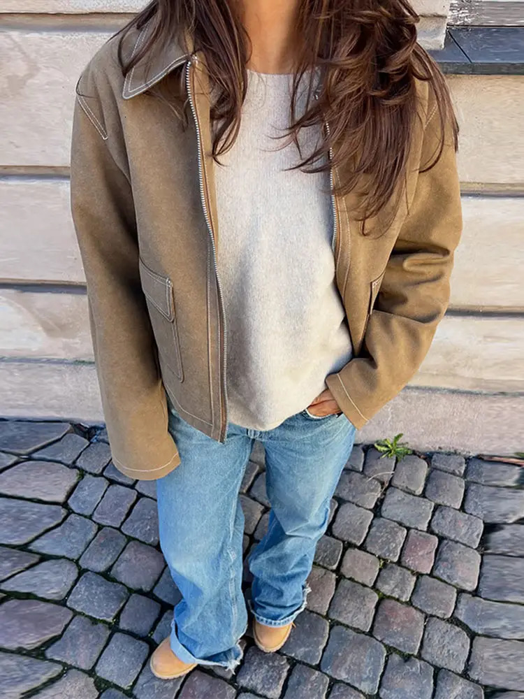 Vintage Suede Lapel Zipper Short Jacket Women Casual Loose Solid Pocket Jackets Female Versatile Fashion Street Outwear 250811