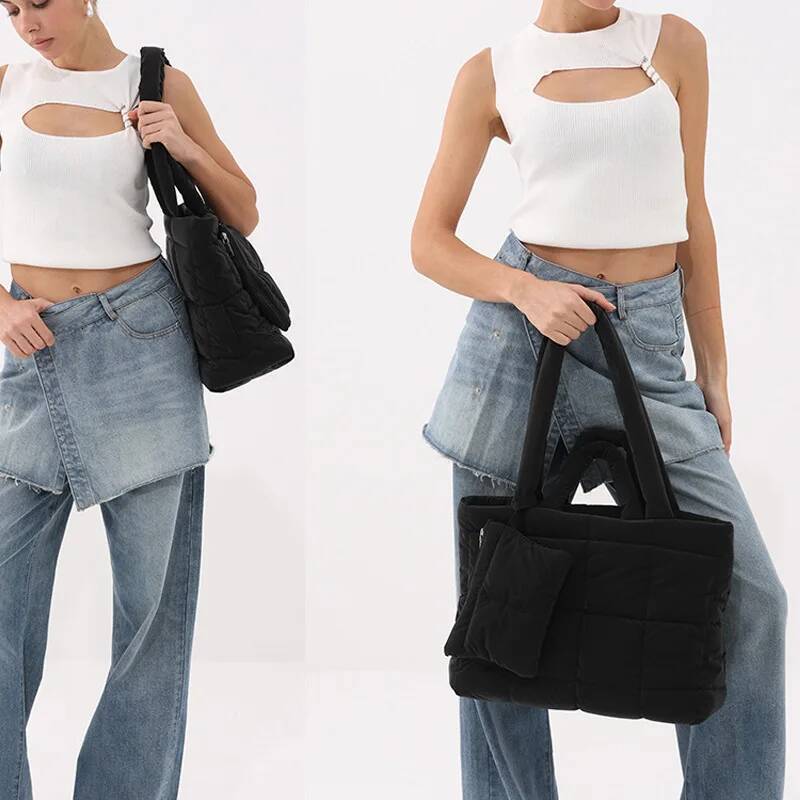 Casual Quilted Padded Tote Soft Nylon Puffer Women Handbags Large Capacity Shoulder Bag With Small Purse Warm Winte Bags2025