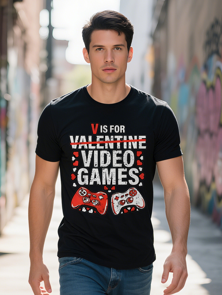 Men s Casual Round Neck T-Shirt with V is Valentine Video Games Graphic Print Black Perfect Gift for Gamers Summer