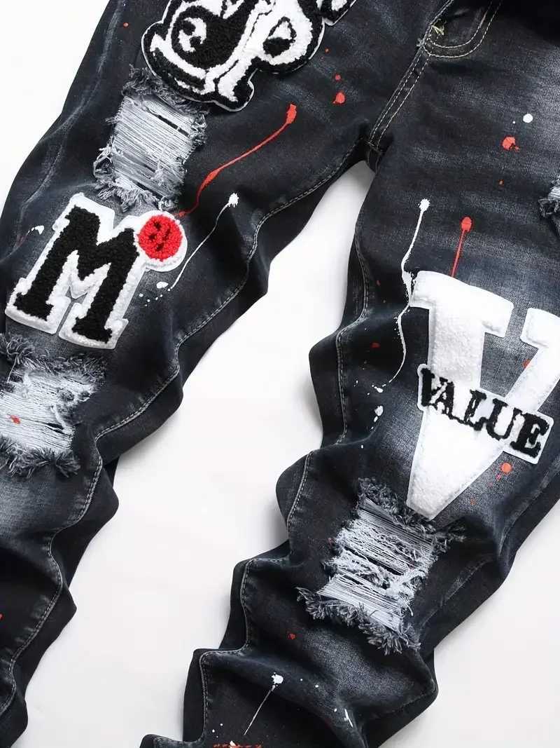 Men Y2K Stretchy Denim Jeans Ripped Skinny Letter Print Elastic Waist Casual Pants for Men Hole Slim Fit Denim Hip Hop Trousers X250812