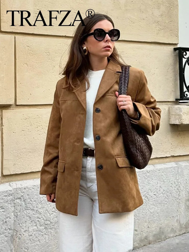 TRAFZA Autumn Women Vintage Faux Suede Blazer Coat Fashion Lapel Single Breasted Long Sleeve Jacket Casual Office Lady Outerwear 250811