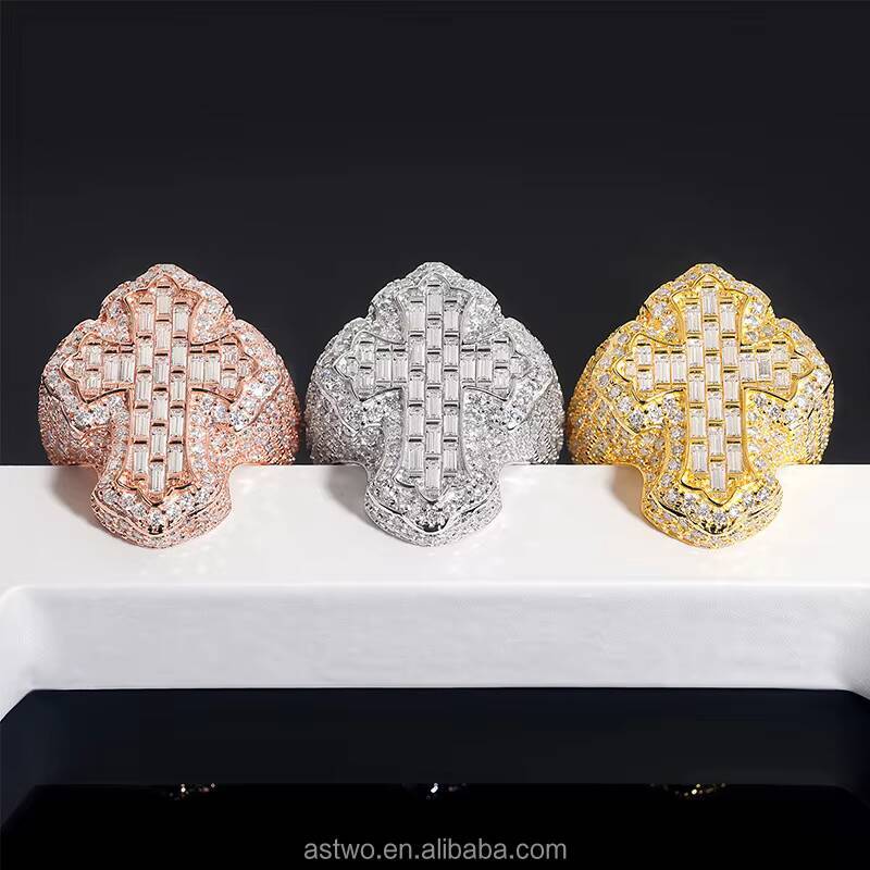 925 Sterling Silver Cross Moissanite Ring Hip Hop Baguette Cut Statement Jewelry Moissanite Hip Hop Ring