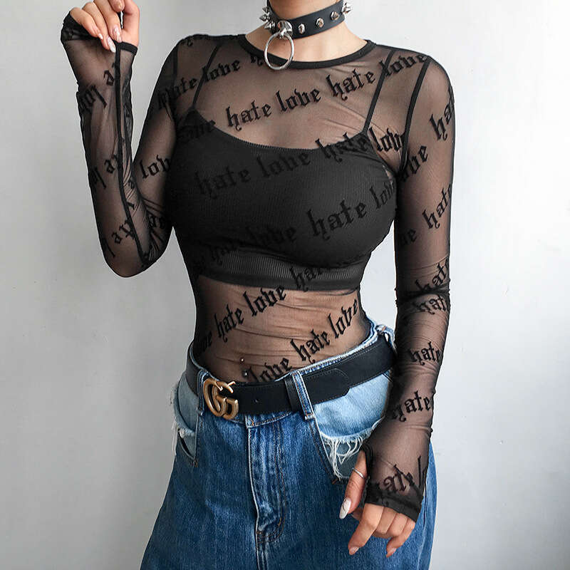 2025 Letter Personality Print Sheer Sexy Mesh Long Sleeve T-Shirt Top for Women